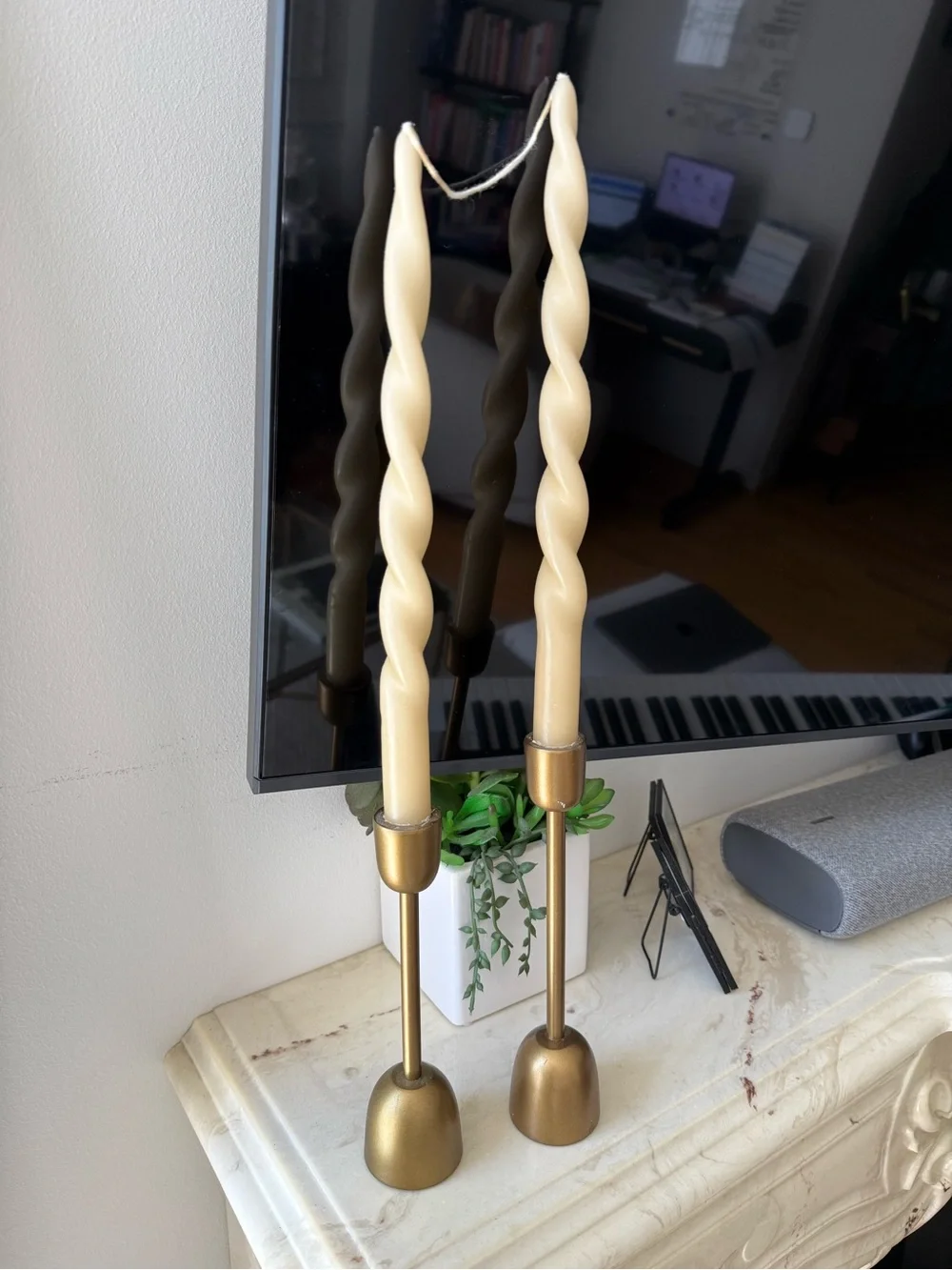 Cost Plus World Market Cream Spiral Taper Candles with Gold Holders
